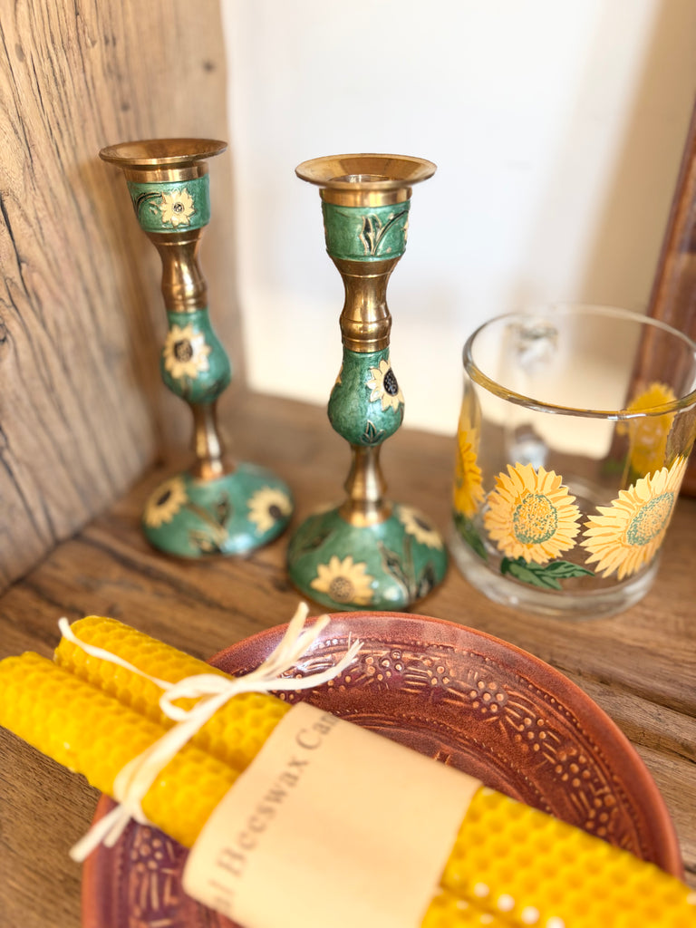 Vintage Brass Enameled Sunflower Candlestick Holders Set of 2