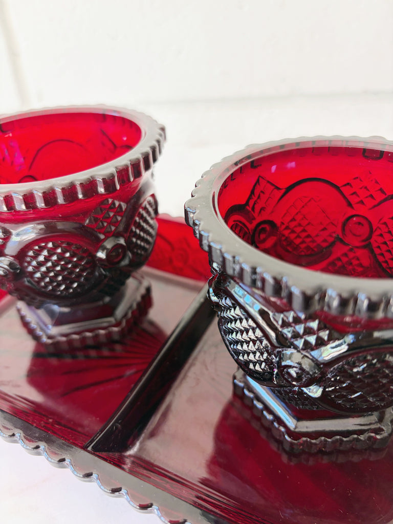 Vintage Avon Ruby Red Footed Tumblers and Tray Glassware Set