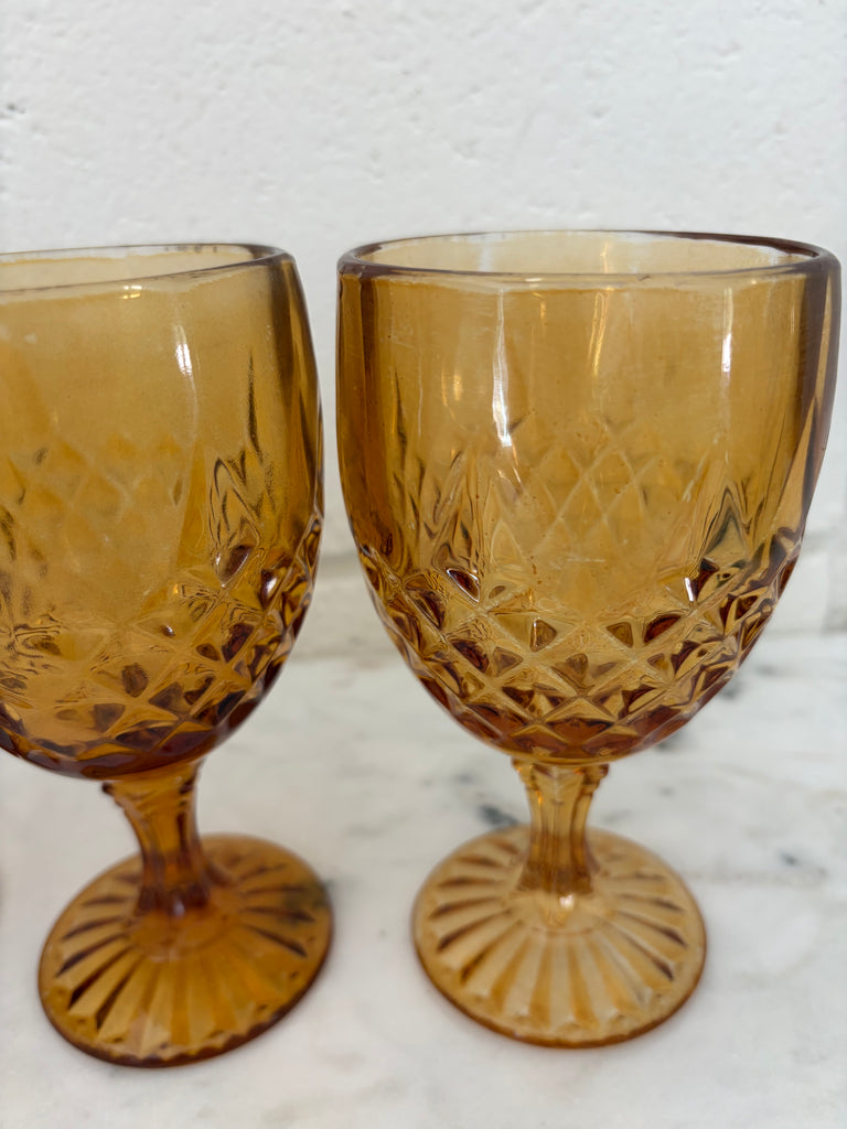 Vintage Diamond Point Goblet Glassware Set Amber