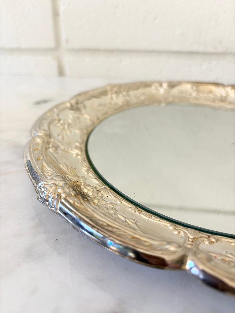 Scalloped Silver Ornate Round Mirror Tray