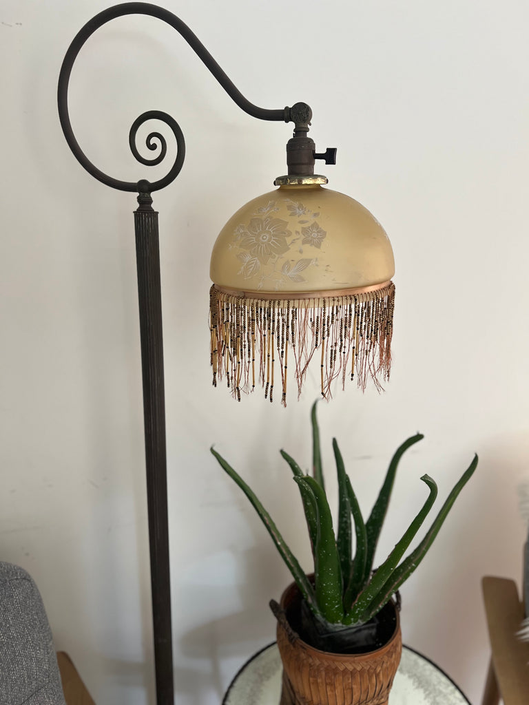 Antique Victorian Beaded Fringe Brass Floor Lamp