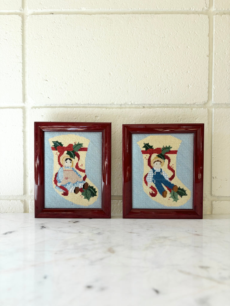 Framed Vintage Holiday Amish Doll Stocking Needlepoint Art Set