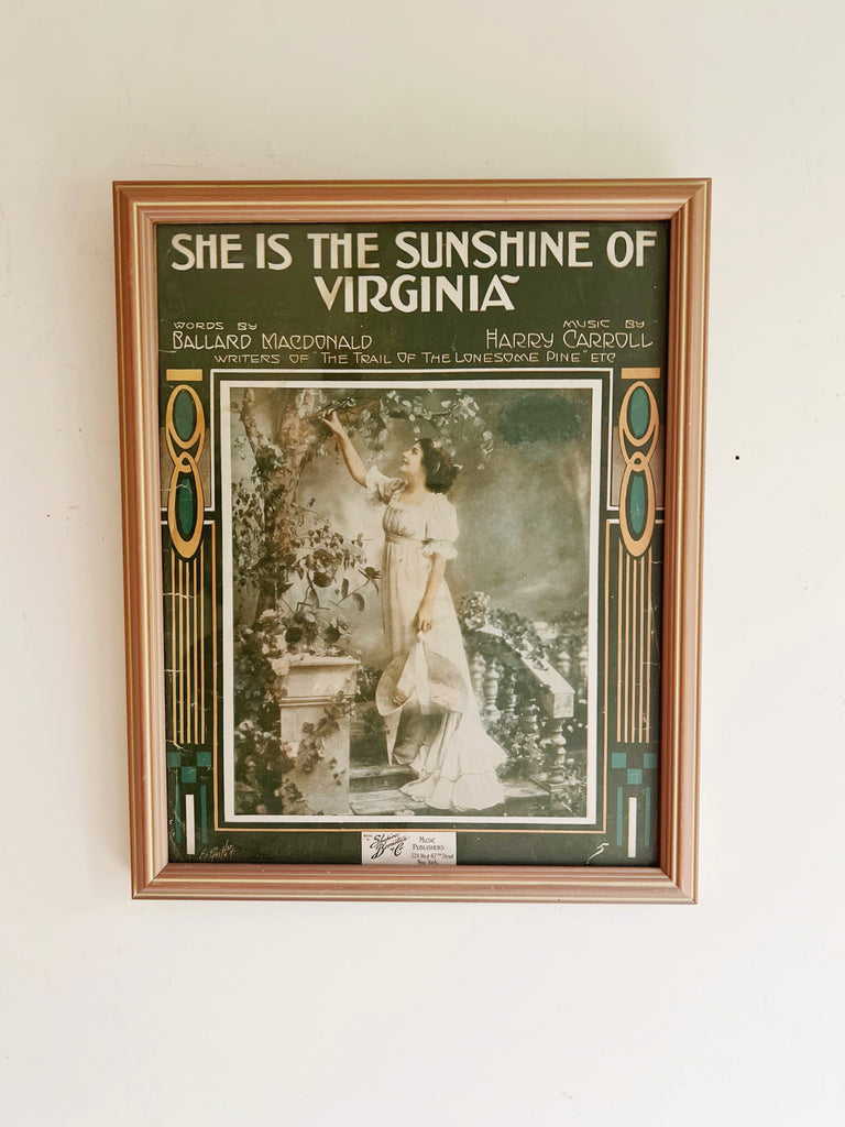 Framed Sheet Music “She is the Sunshine of Virginia”