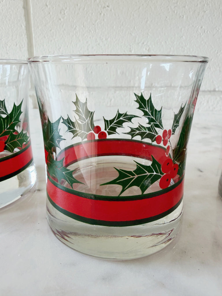 Vintage Libbey Holly and Berries Lowball Glassware Set of 4