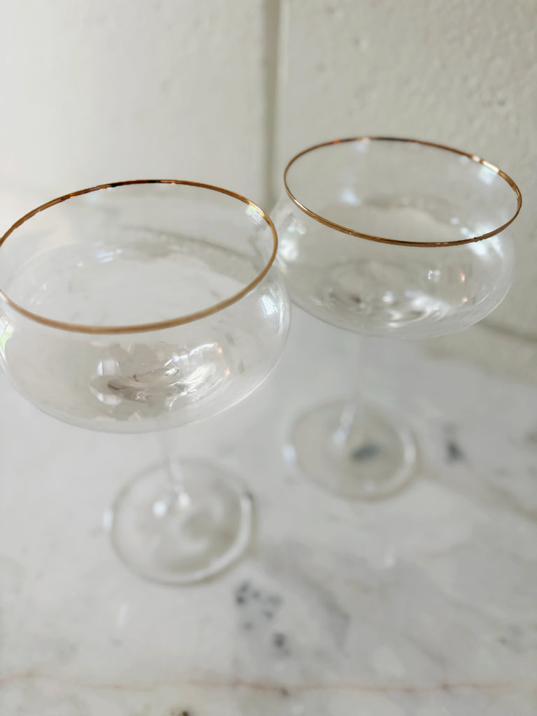 Vintage Inspired Fluted Coupe Gold Rim Glassware Set of 2