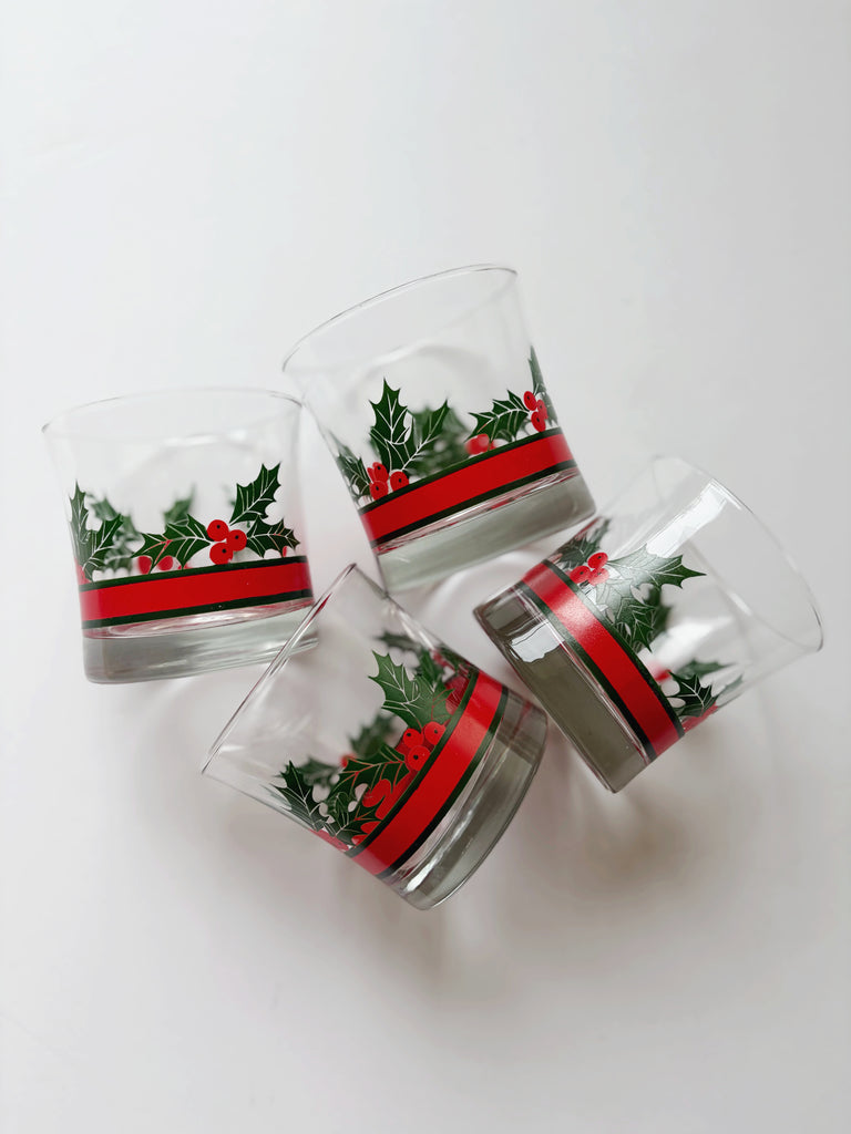 Vintage Libbey Holly and Berries Lowball Glassware Set of 4