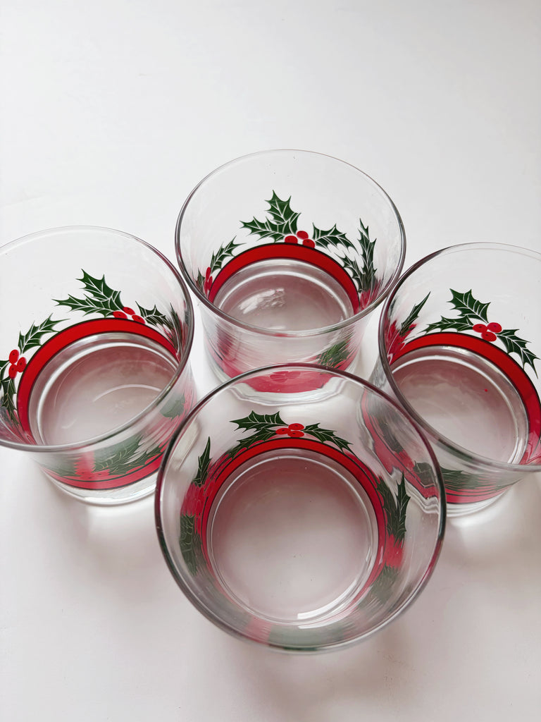 Vintage Libbey Holly and Berries Lowball Glassware Set of 4