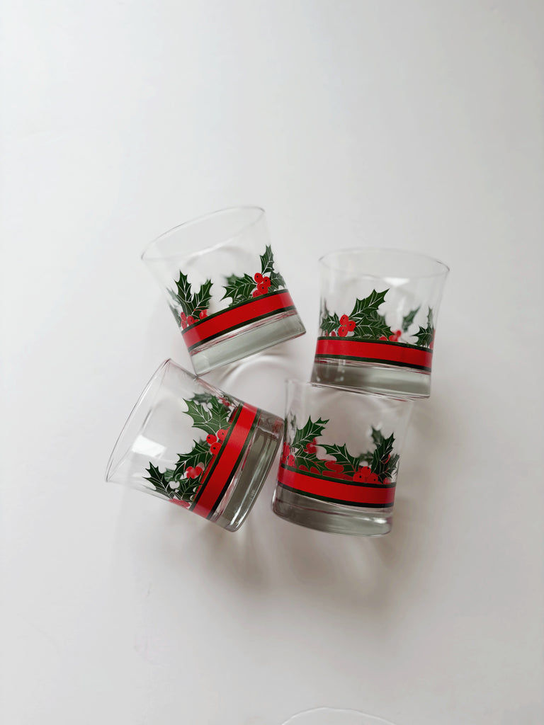 Vintage Libbey Holly and Berries Lowball Glassware Set of 4