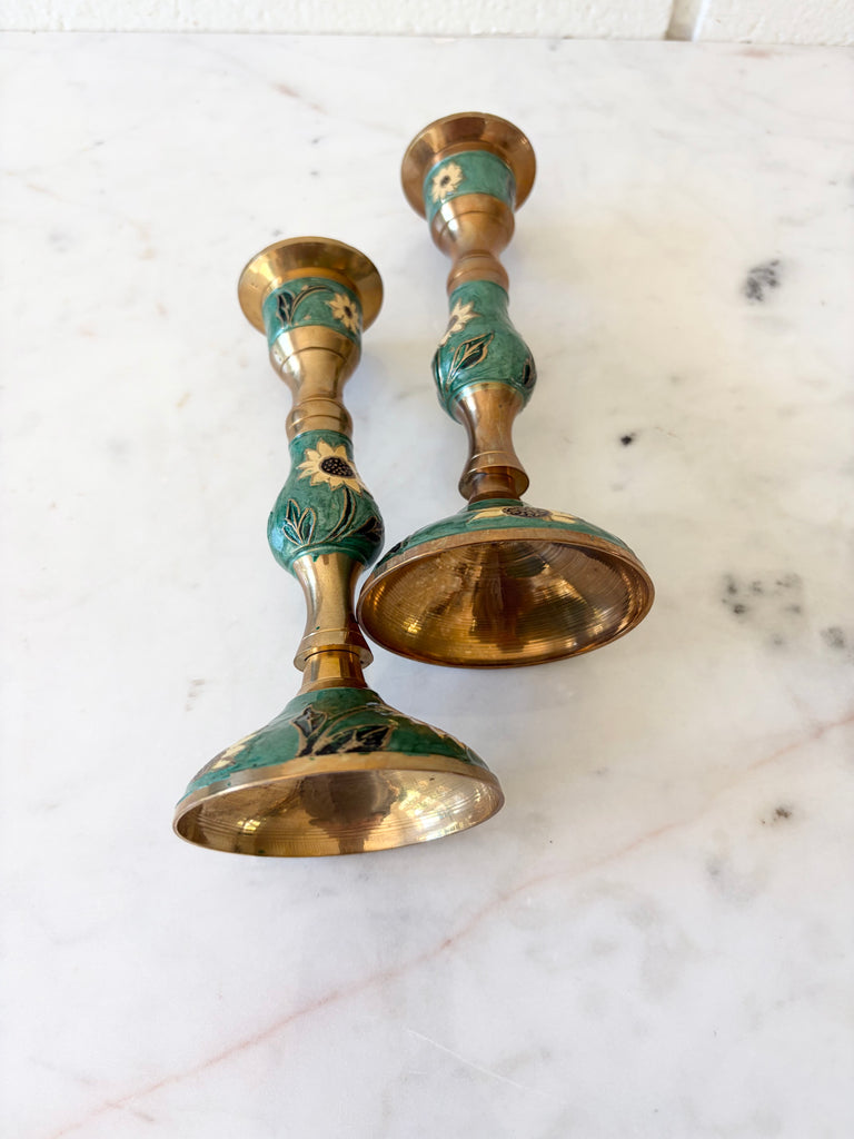 Vintage Brass Enameled Sunflower Candlestick Holders Set of 2