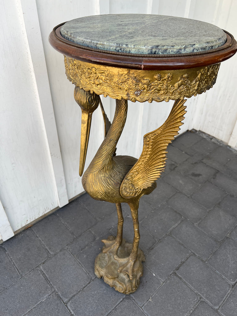 Vintage Bronze & Marble Crane Bird Pedestal Table