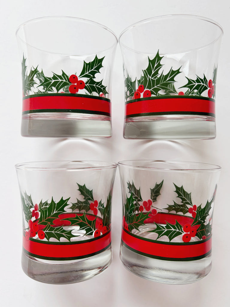 Vintage Libbey Holly and Berries Lowball Glassware Set of 4