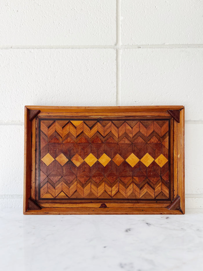 Checkered Inlay Vintage Wood Tray