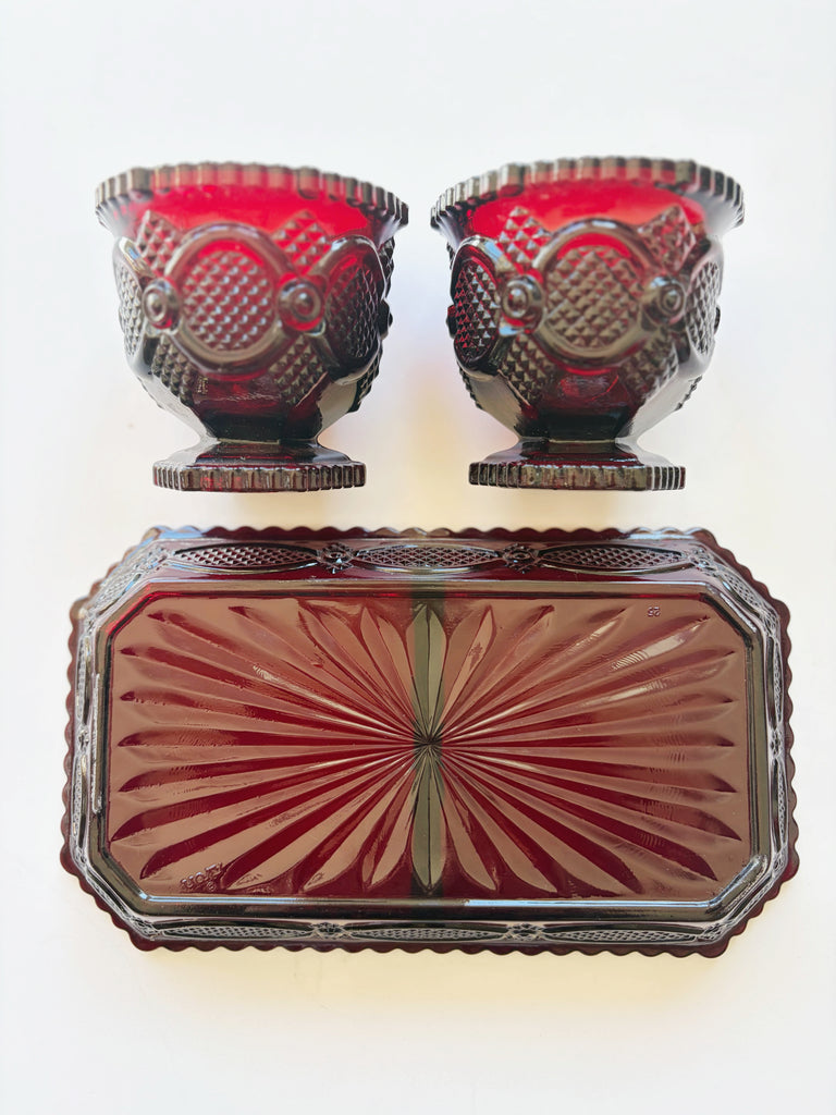 Vintage Avon Ruby Red Footed Tumblers and Tray Glassware Set