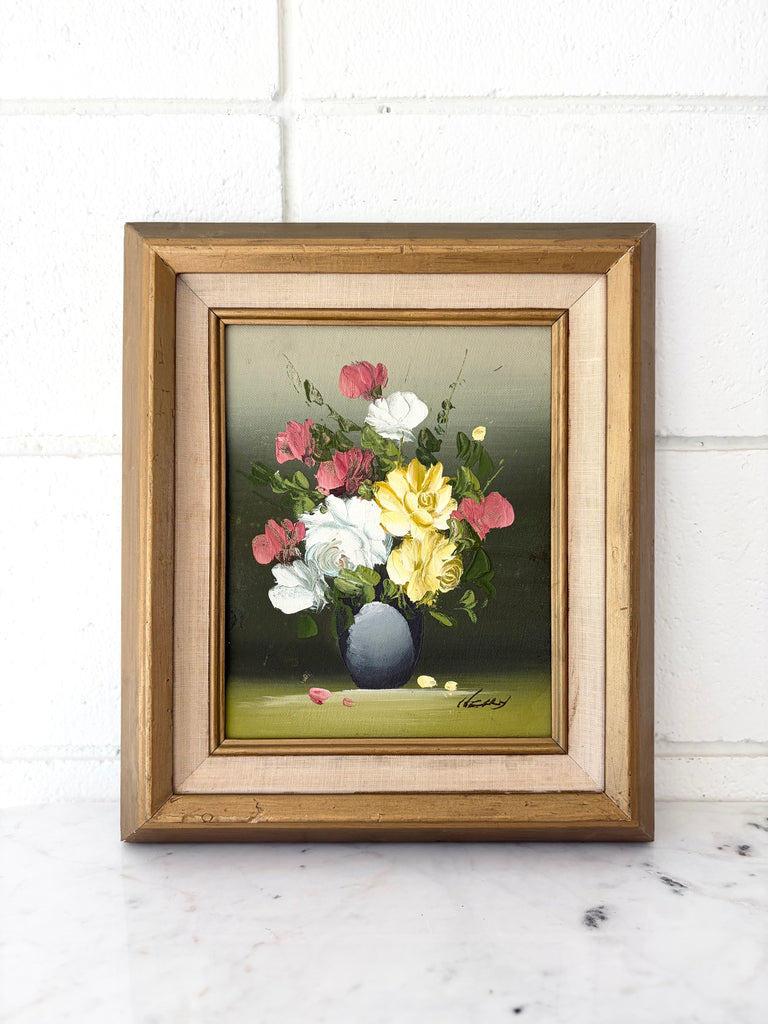 Framed Vintage Signed Original Oil on Wood Floral Still Life Painting