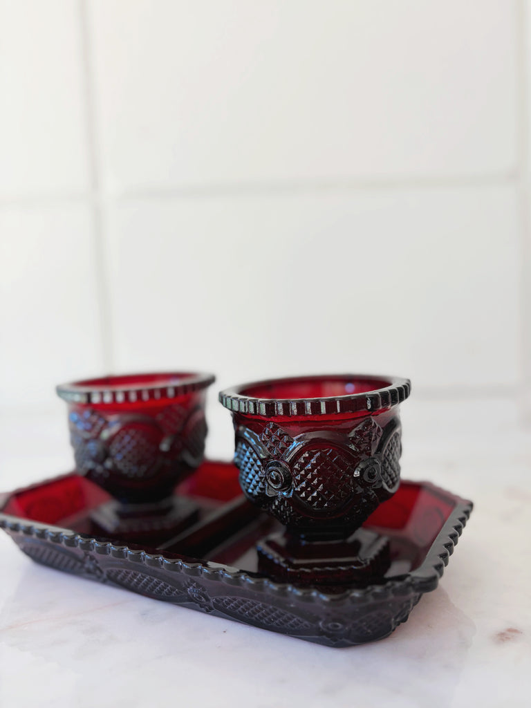 Vintage Avon Ruby Red Footed Tumblers and Tray Glassware Set