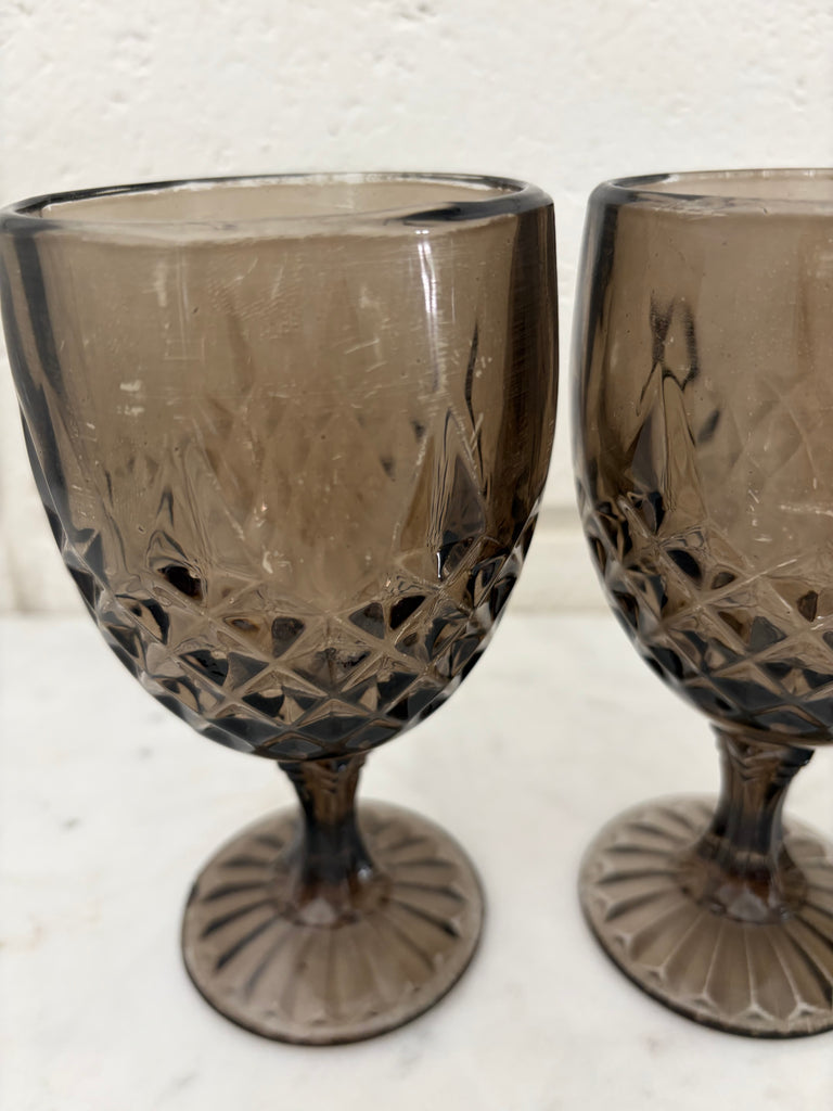 Vintage Diamond Point Goblet Glassware Set Smoke