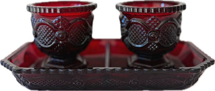Vintage Avon Ruby Red Footed Tumblers and Tray Glassware Set