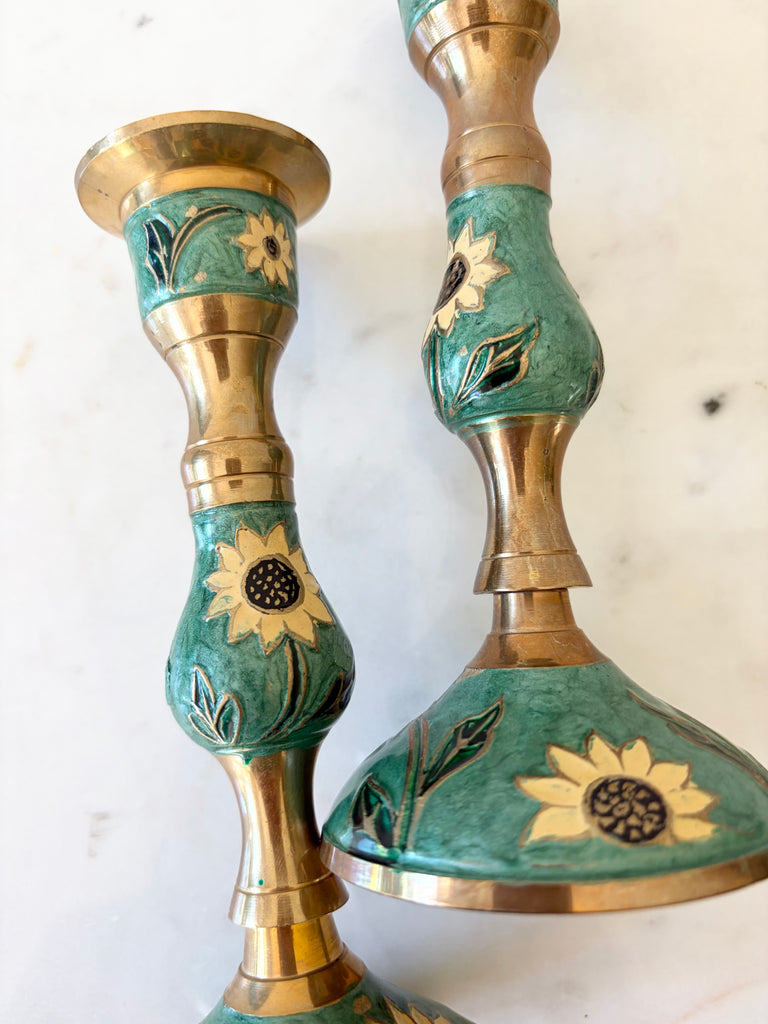 Vintage Brass Enameled Sunflower Candlestick Holders Set of 2