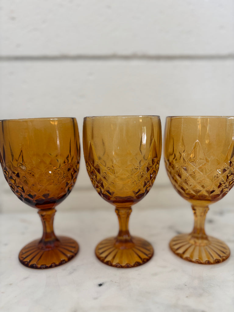 Vintage Diamond Point Goblet Glassware Set Amber