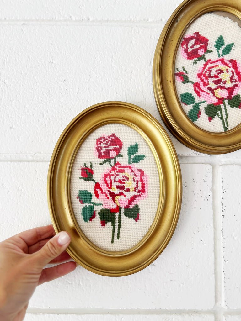 Framed Petite Needlepoint Floral Fabric Art Set
