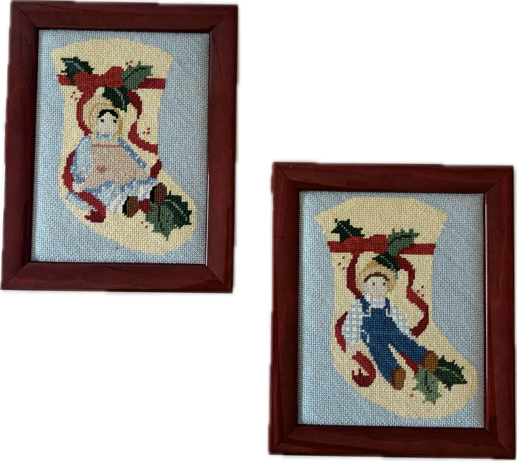 Framed Vintage Holiday Amish Doll Stocking Needlepoint Art Set