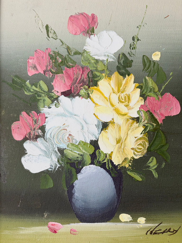 Framed Vintage Signed Original Oil on Wood Floral Still Life Painting