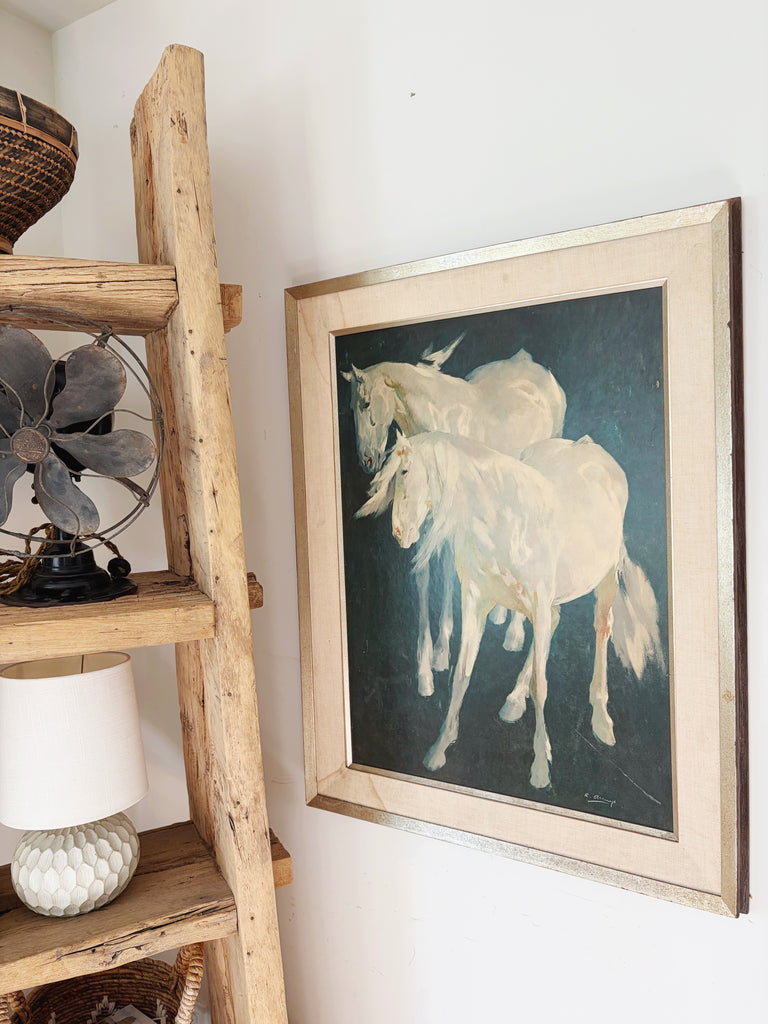 Framed Ricardo Arenys Horses Lithograph “Horses Against Blue Background” Wall Art
