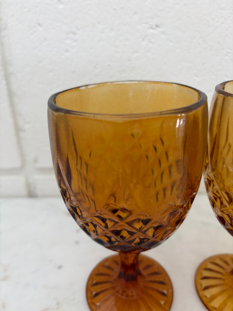 Vintage Diamond Point Goblet Glassware Set Amber
