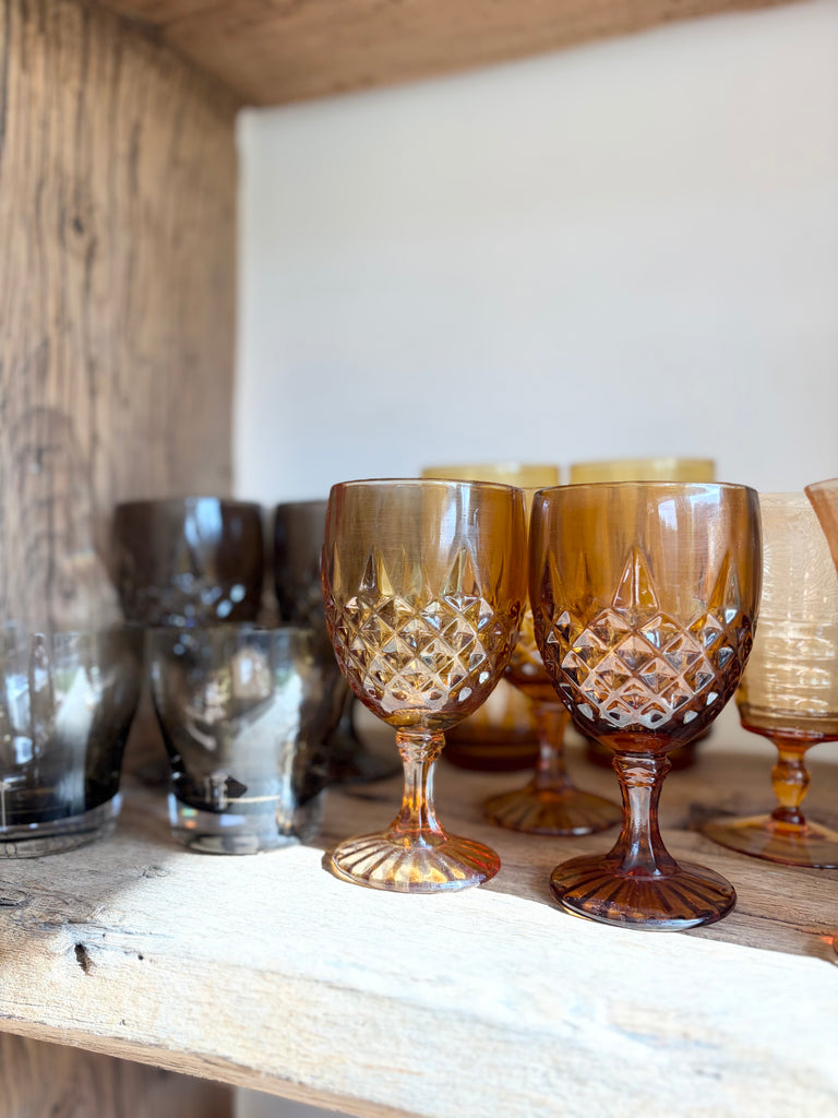 Vintage Diamond Point Goblet Glassware Set Amber