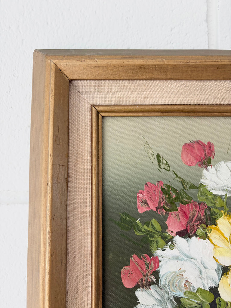 Framed Vintage Signed Original Oil on Wood Floral Still Life Painting