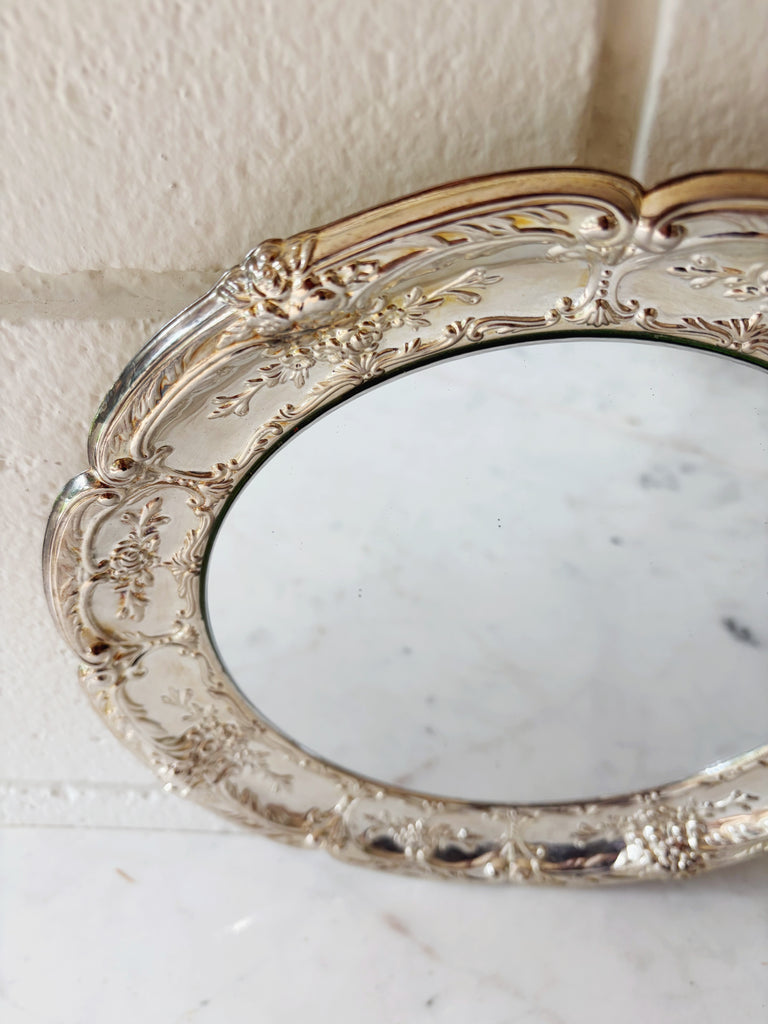 Scalloped Silver Ornate Round Mirror Tray