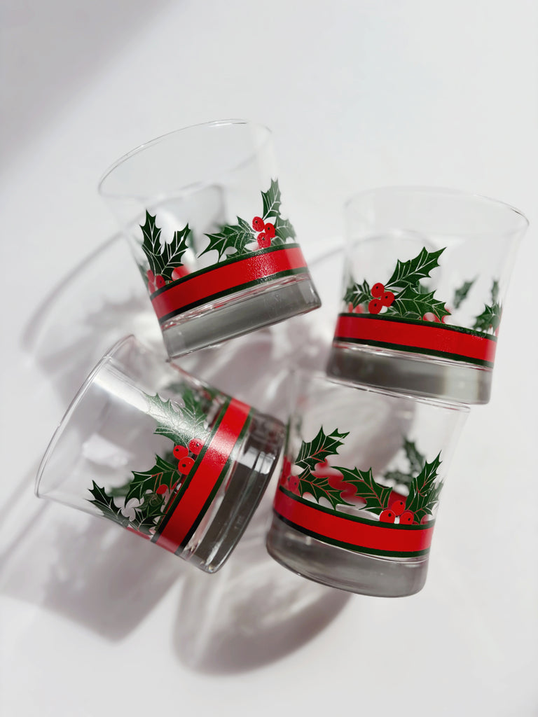 Vintage Libbey Holly and Berries Lowball Glassware Set of 4