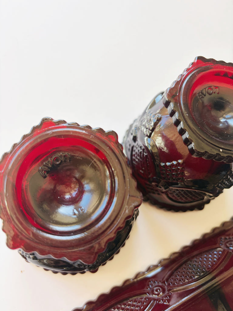 Vintage Avon Ruby Red Footed Tumblers and Tray Glassware Set