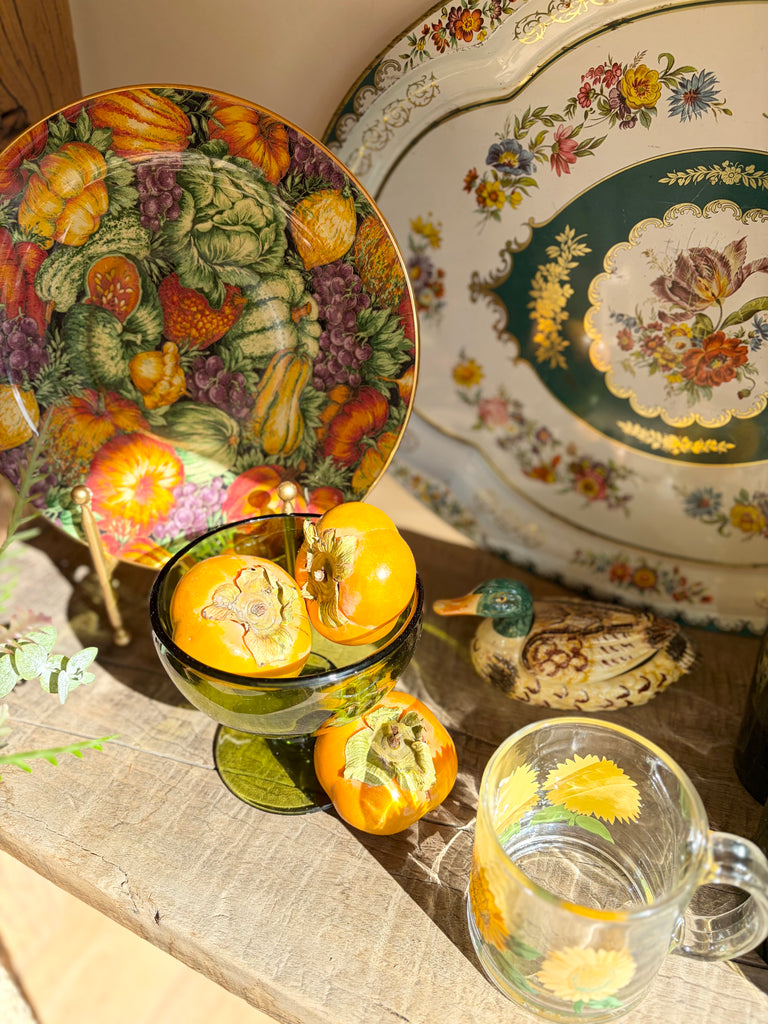 Vintage Gold Rimmed Autumn Harvest Thanksgiving Reverse Decoupage Plate