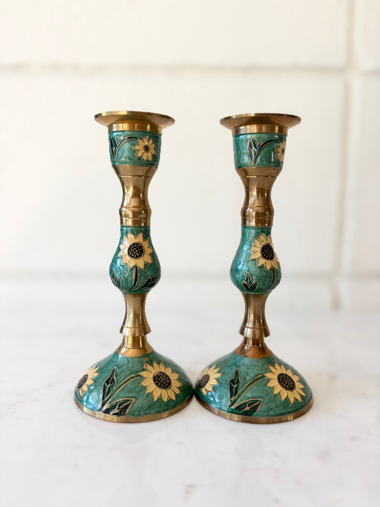 Vintage Brass Enameled Sunflower Candlestick Holders Set of 2
