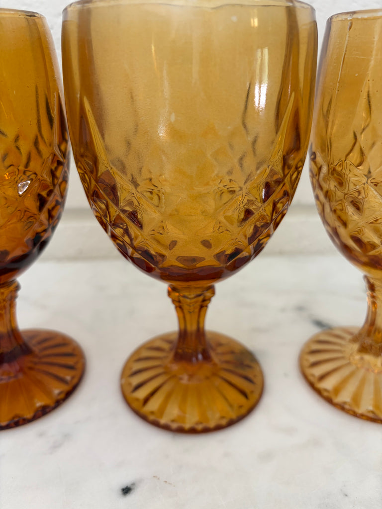 Vintage Diamond Point Goblet Glassware Set Amber