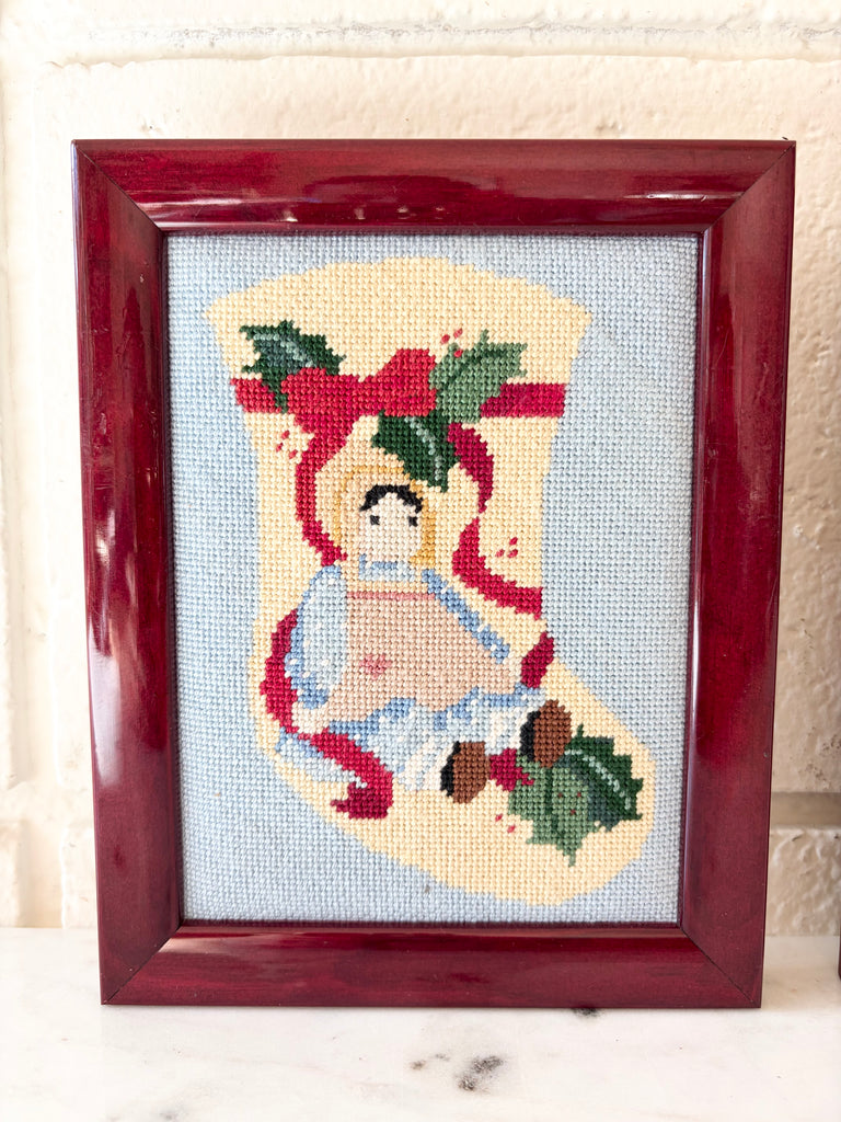 Framed Vintage Holiday Amish Doll Stocking Needlepoint Art Set