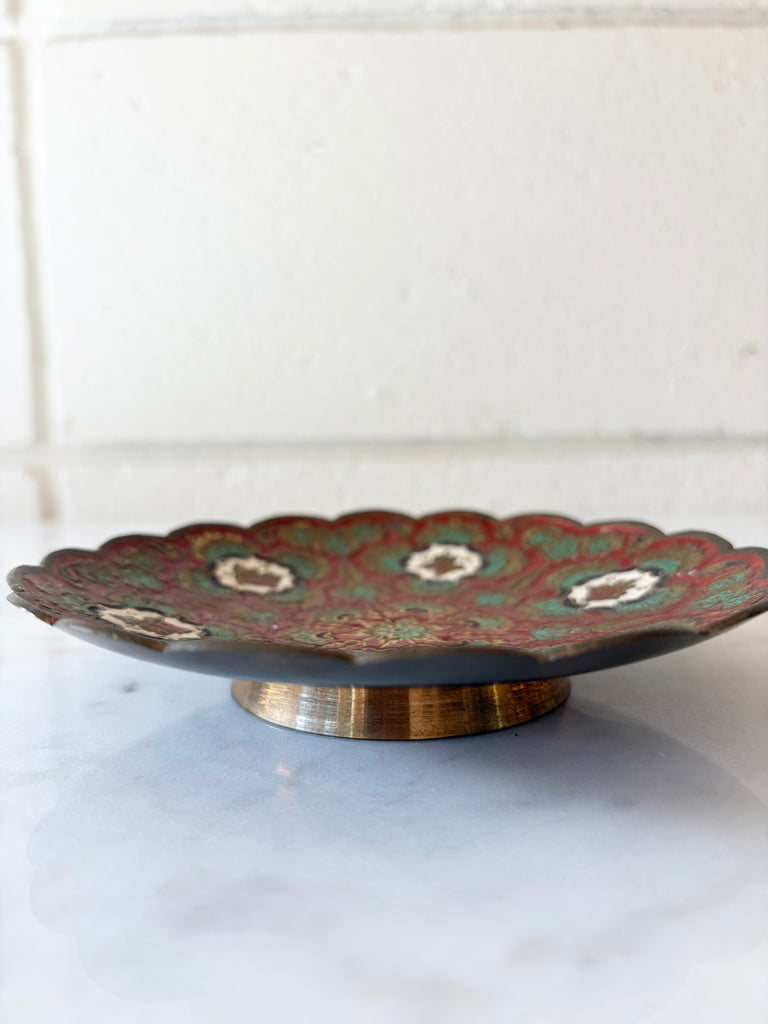 Vintage Etched Brass Pedestal Bowl with Scalloped Edge