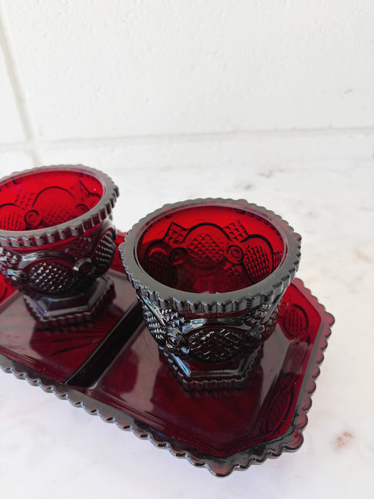 Vintage Avon Ruby Red Footed Tumblers and Tray Glassware Set