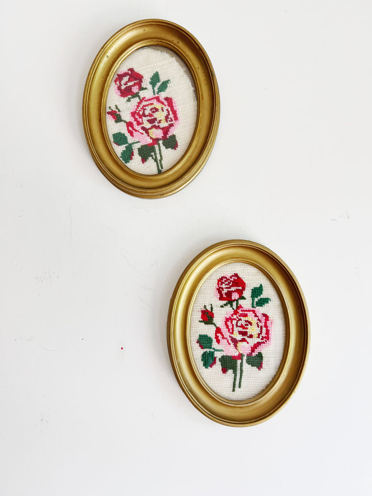 Framed Petite Needlepoint Floral Fabric Art Set