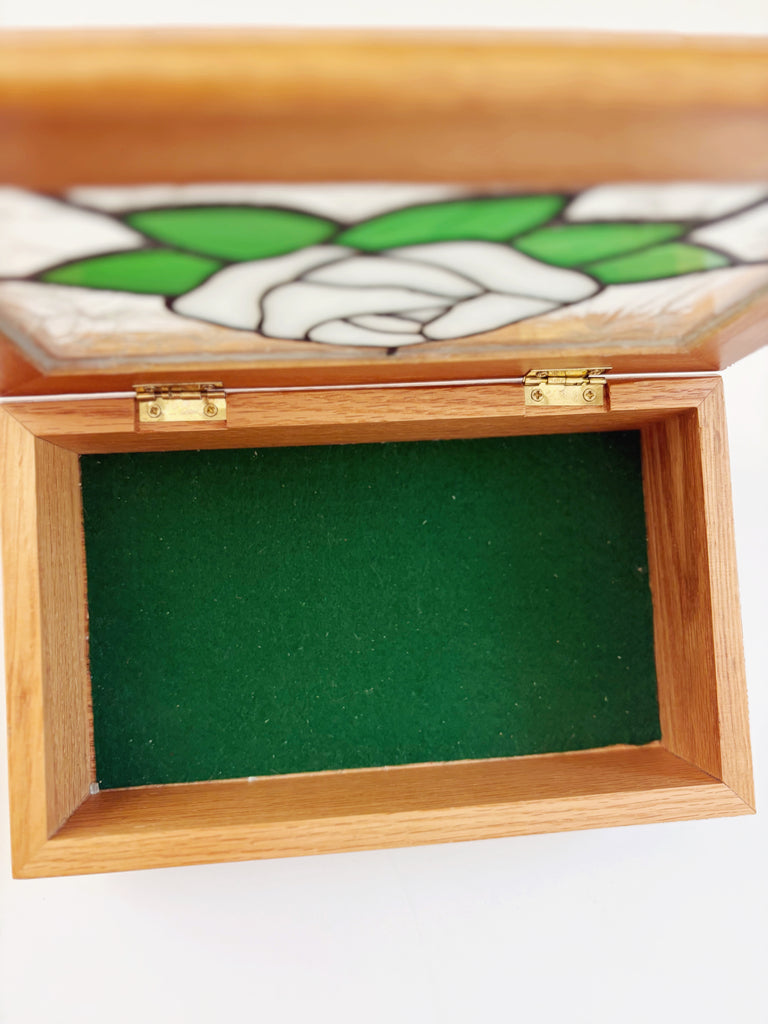 Stained Glass White Rose Handcrafted Jewelry Box