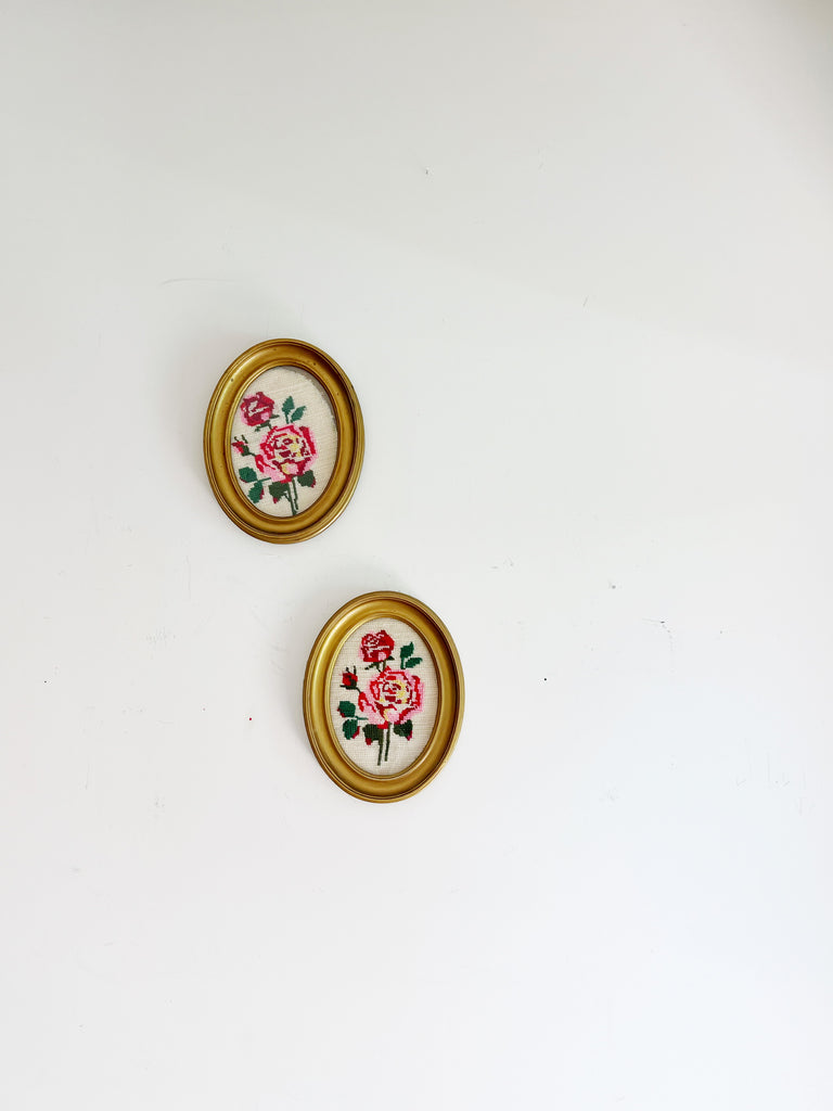 Framed Petite Needlepoint Floral Fabric Art Set