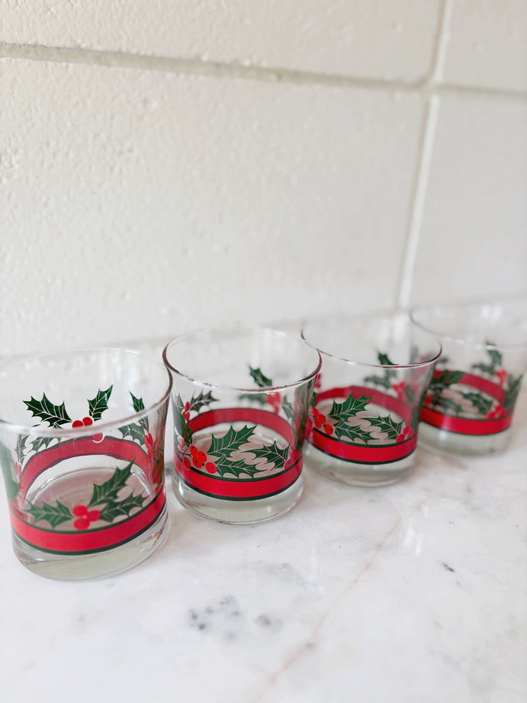 Vintage Libbey Holly and Berries Lowball Glassware Set of 4