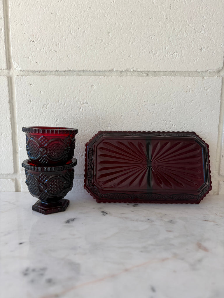 Vintage Avon Ruby Red Footed Tumblers and Tray Glassware Set