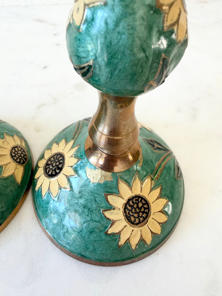 Vintage Brass Enameled Sunflower Candlestick Holders Set of 2
