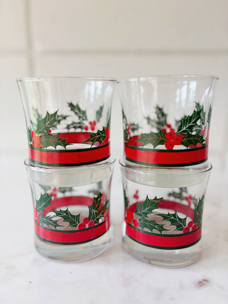 Vintage Libbey Holly and Berries Lowball Glassware Set of 4