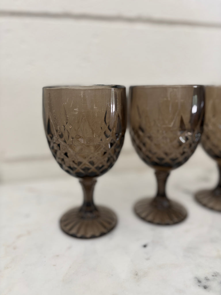 Vintage Diamond Point Goblet Glassware Set Smoke