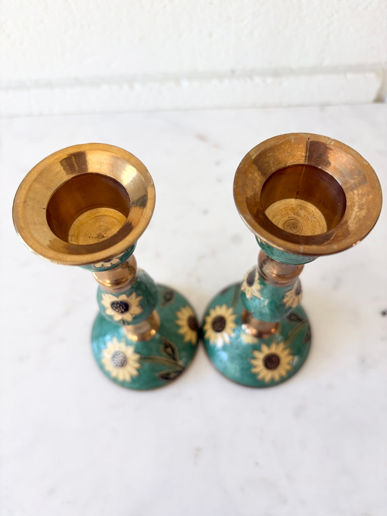 Vintage Brass Enameled Sunflower Candlestick Holders Set of 2