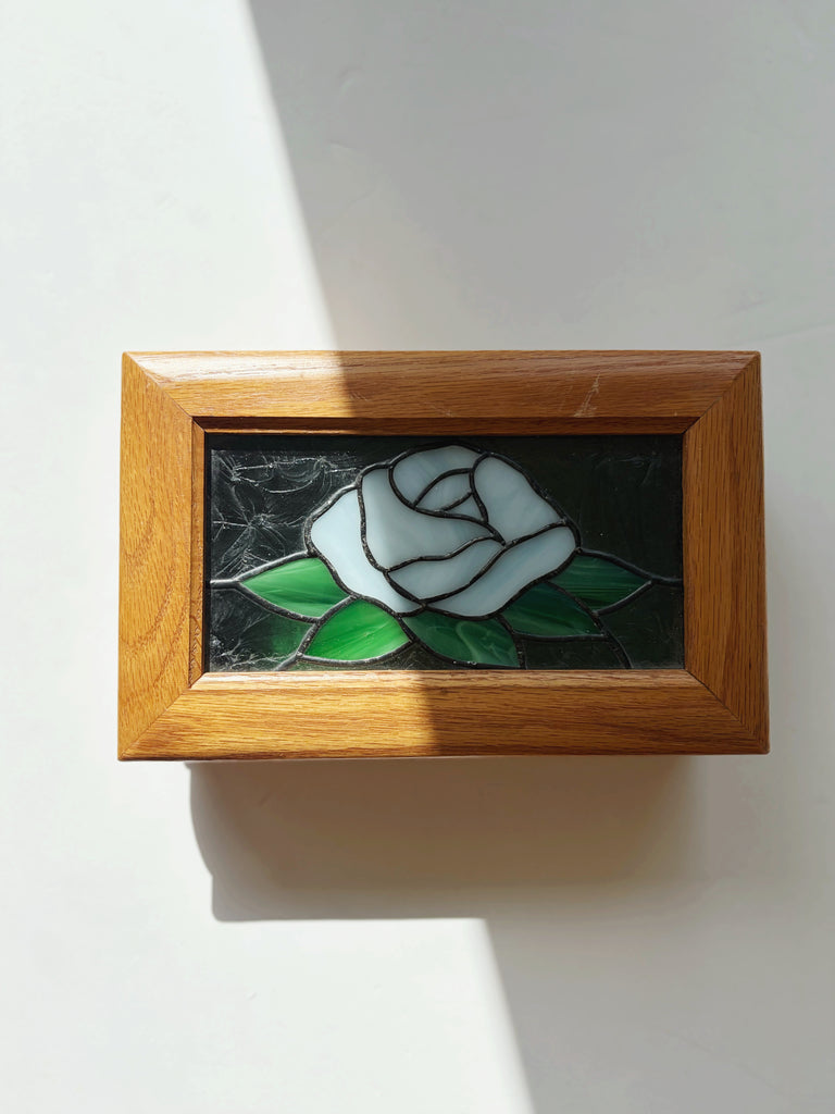 Stained Glass White Rose Handcrafted Jewelry Box