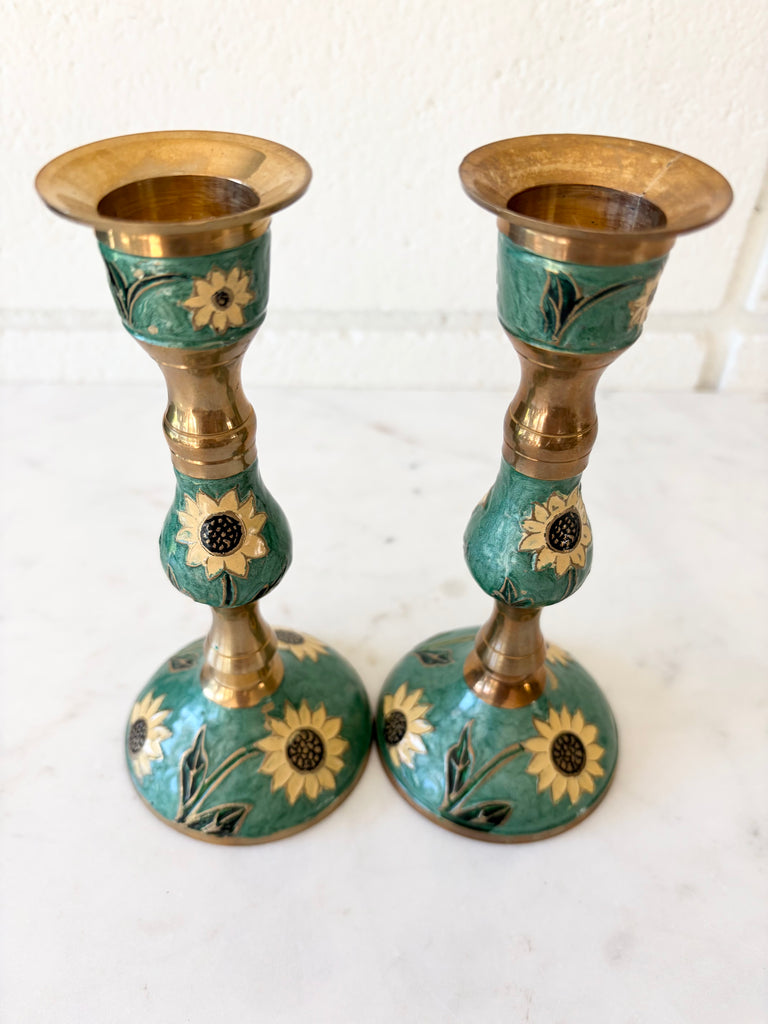 Vintage Brass Enameled Sunflower Candlestick Holders Set of 2